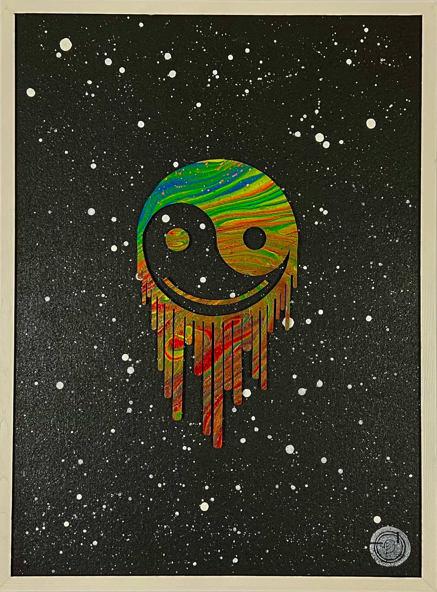 Drippy Smiley Yin Yang In Space Cork Board - Original Piece